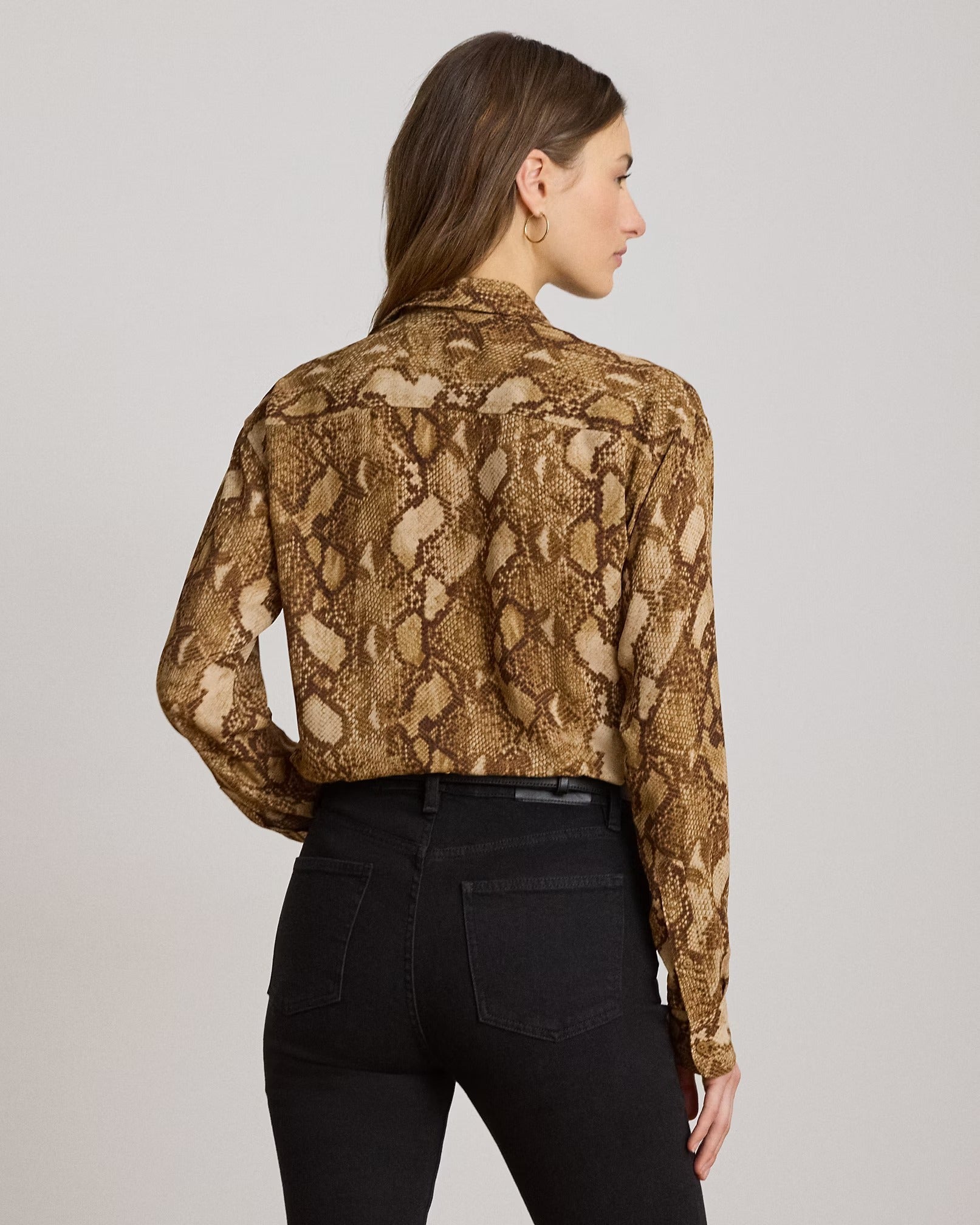 Young Ideas & Henmores -Woven Python Long Sleeve Shirt -Tan Multi -XS