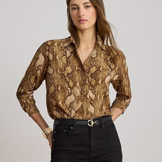 Young Ideas & Henmores -Woven Python Long Sleeve Shirt -Tan Multi -XS