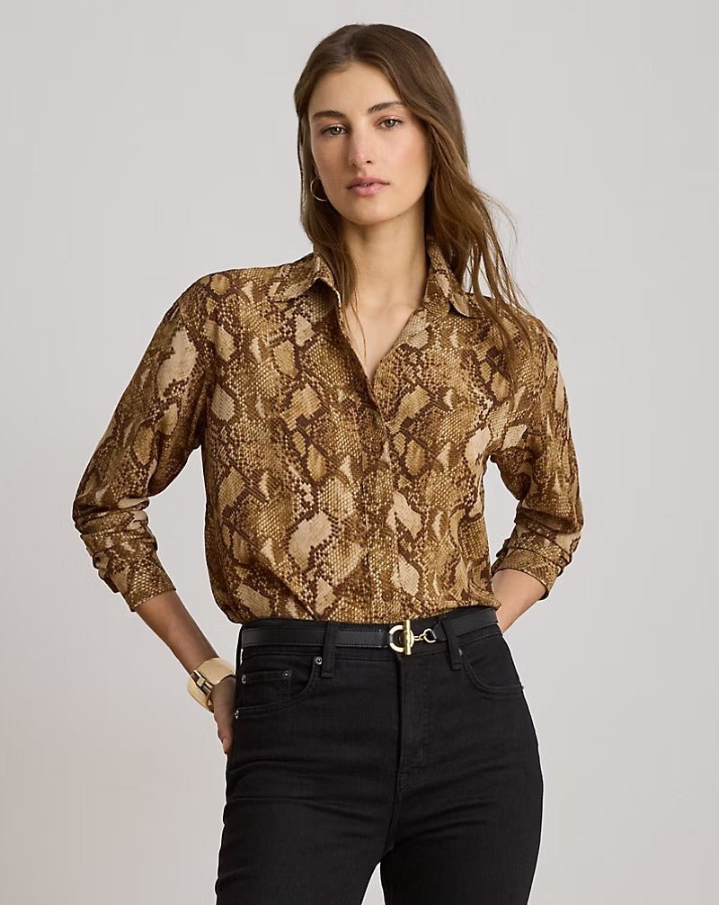 Young Ideas & Henmores -Woven Python Long Sleeve Shirt -Tan Multi -XS