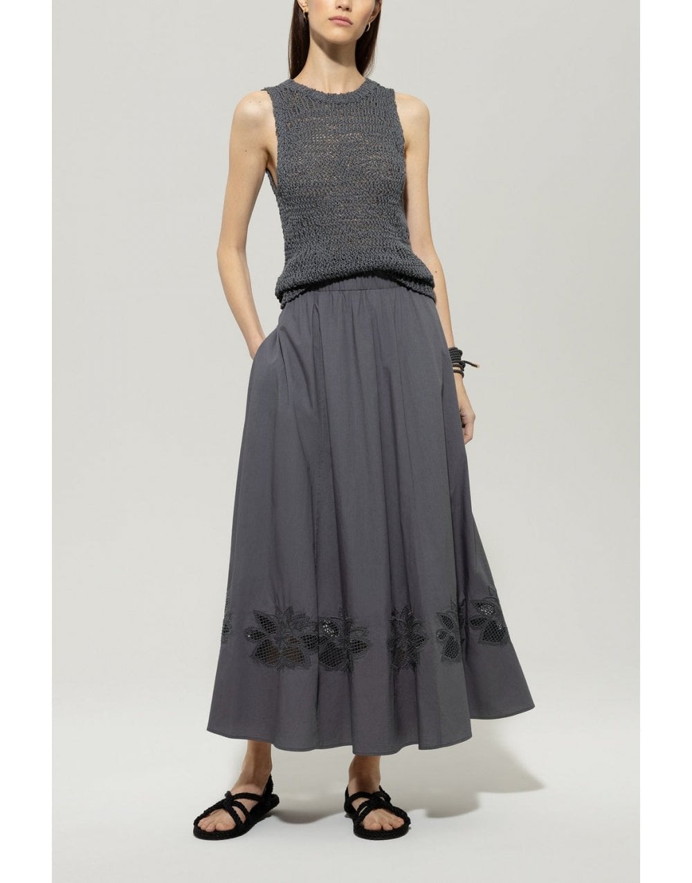 Young Ideas/Henmores - Embroidered Elasticated Waist Midi Skirt - 0103 Off White - 8