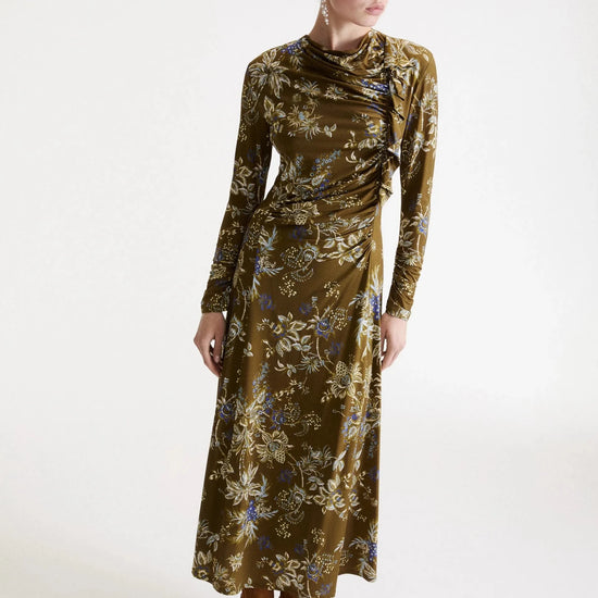 Young Ideas & Henmores -Adorato Floral Ruched Jersey Dress -003 Khaki -S