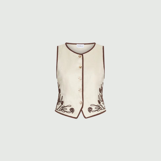 Young Ideas/Henmores - Aerovia Flaxlinen Embroidered Waistcoat - 003 Cream - 8