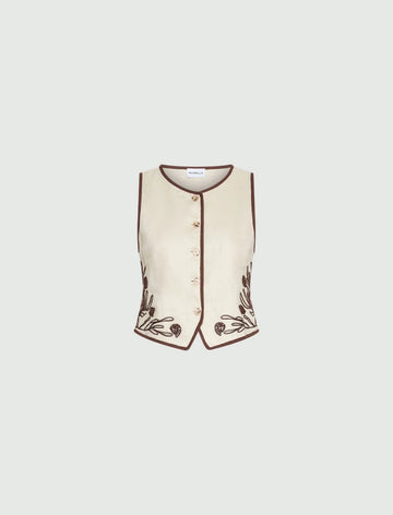 Young Ideas/Henmores - Aerovia Flaxlinen Embroidered Waistcoat - 003 Cream - 8