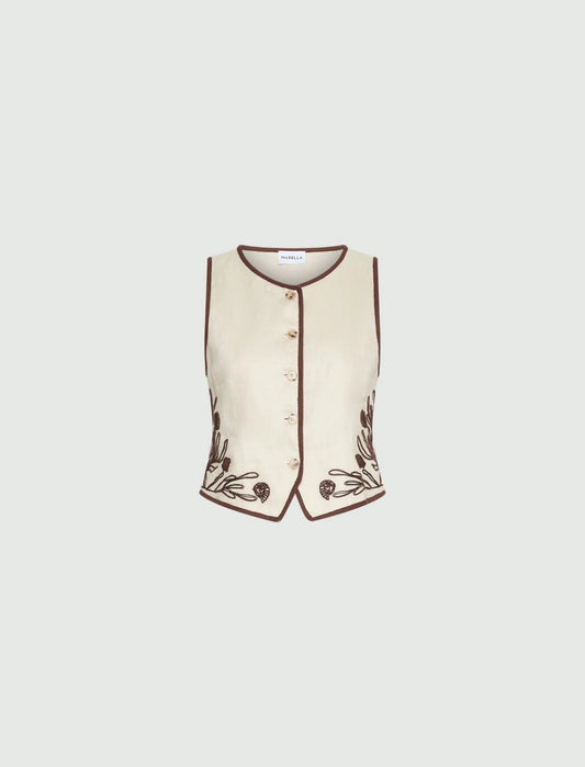 Young Ideas/Henmores - Aerovia Flaxlinen Embroidered Waistcoat - 003 Cream - 8