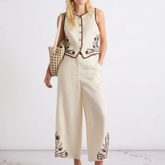 Young Ideas/Henmores - Aerovia Flaxlinen Embroidered Waistcoat - 003 Cream - 8