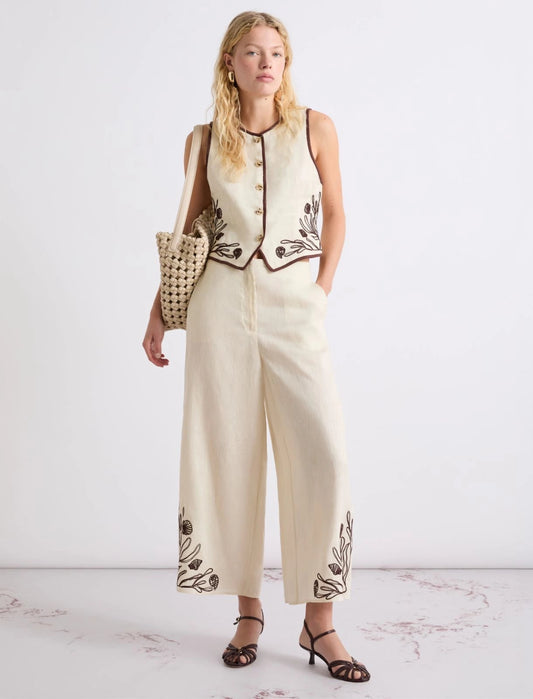 Young Ideas/Henmores - Aerovia Flaxlinen Embroidered Waistcoat - 003 Cream - 8
