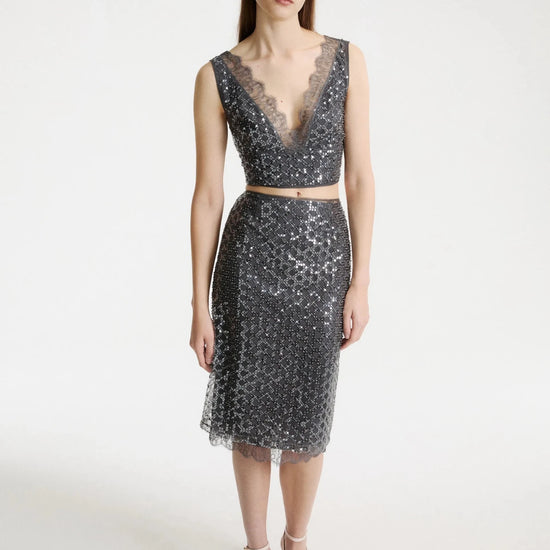 Young Ideas & Henmores -Agevole Diamond Sequin Midi Skirt -002 Medium Grey -XS