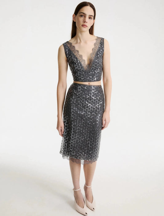 Young Ideas & Henmores -Agevole Diamond Sequin Midi Skirt -002 Medium Grey -XS