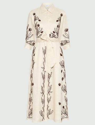Young Ideas/Henmores - Banda Flaxlinen Embroidered Midi Dress - 003 Cream - 8