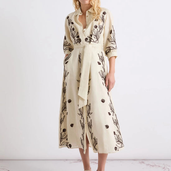 Young Ideas/Henmores - Banda Flaxlinen Embroidered Midi Dress - 003 Cream - 8