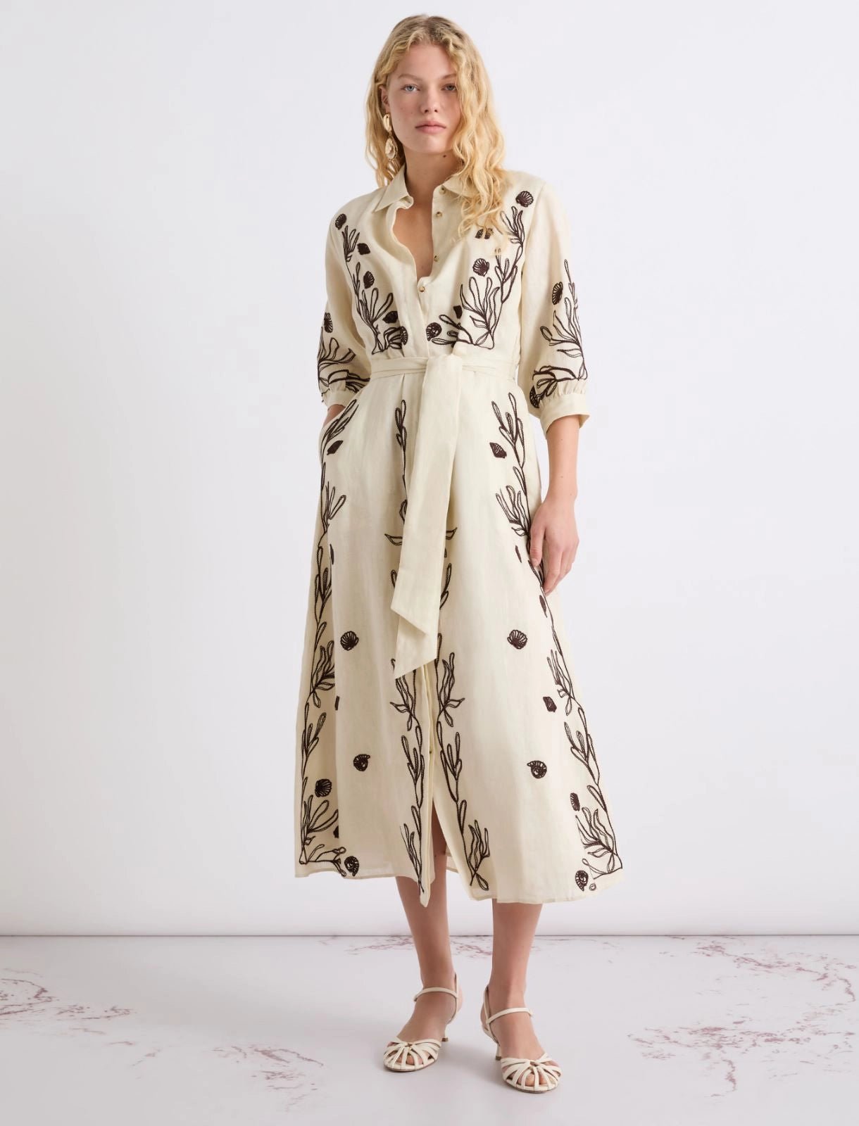 Young Ideas/Henmores - Banda Flaxlinen Embroidered Midi Dress - 003 Cream - 8