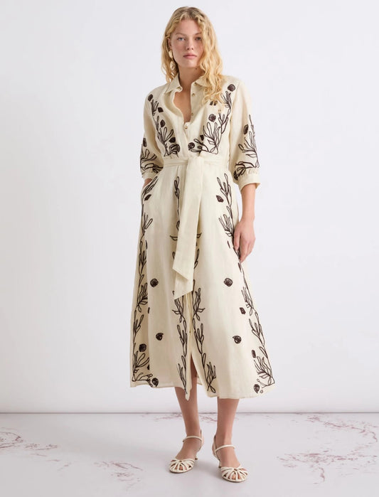Young Ideas/Henmores - Banda Flaxlinen Embroidered Midi Dress - 003 Cream - 8