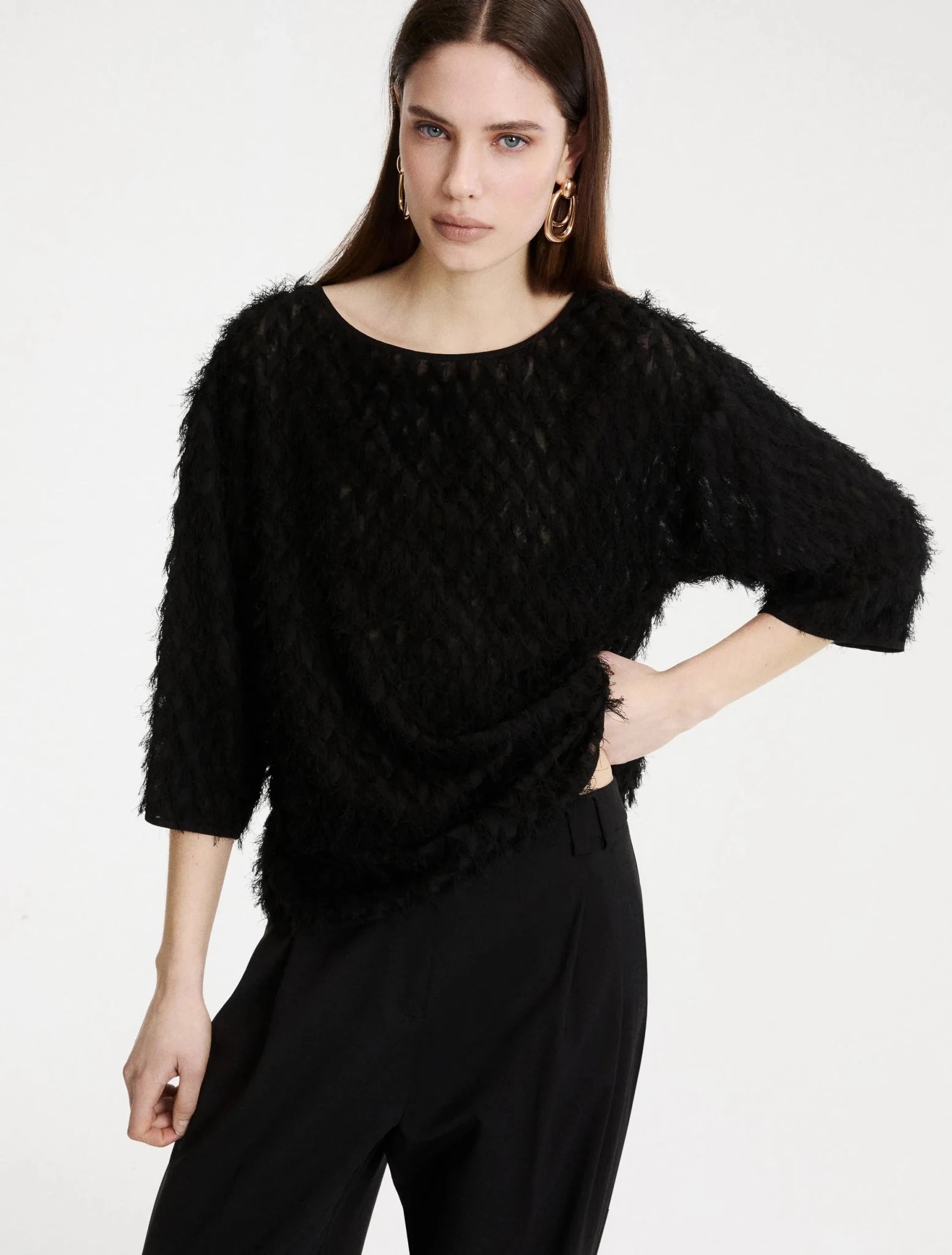 Young Ideas & Henmores -Barca Feathered 3/4 Sleeve Blouse -002 Black -8
