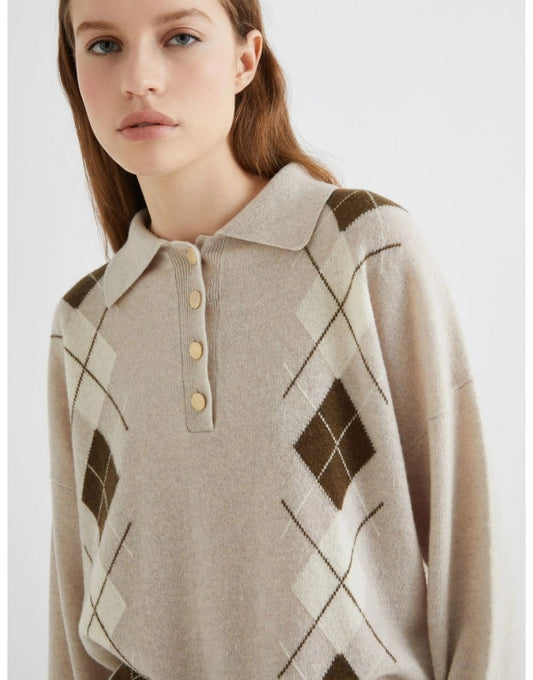 Young Ideas/Henmores - Caviale Wool Cashmere Argyle Polo Knit - 006 Natural - XS