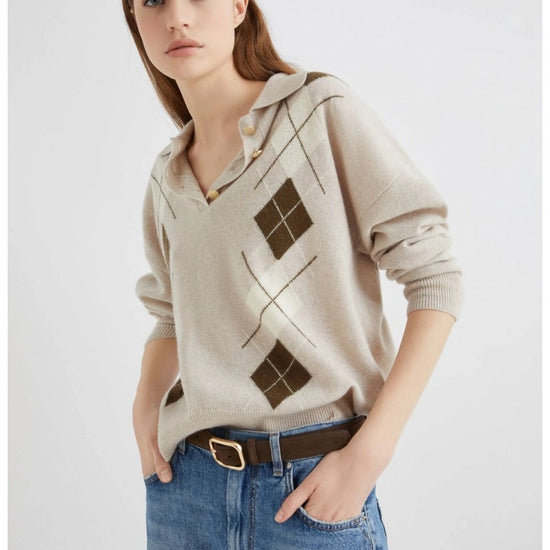 Young Ideas/Henmores - Caviale Wool Cashmere Argyle Polo Knit - 006 Natural - XS