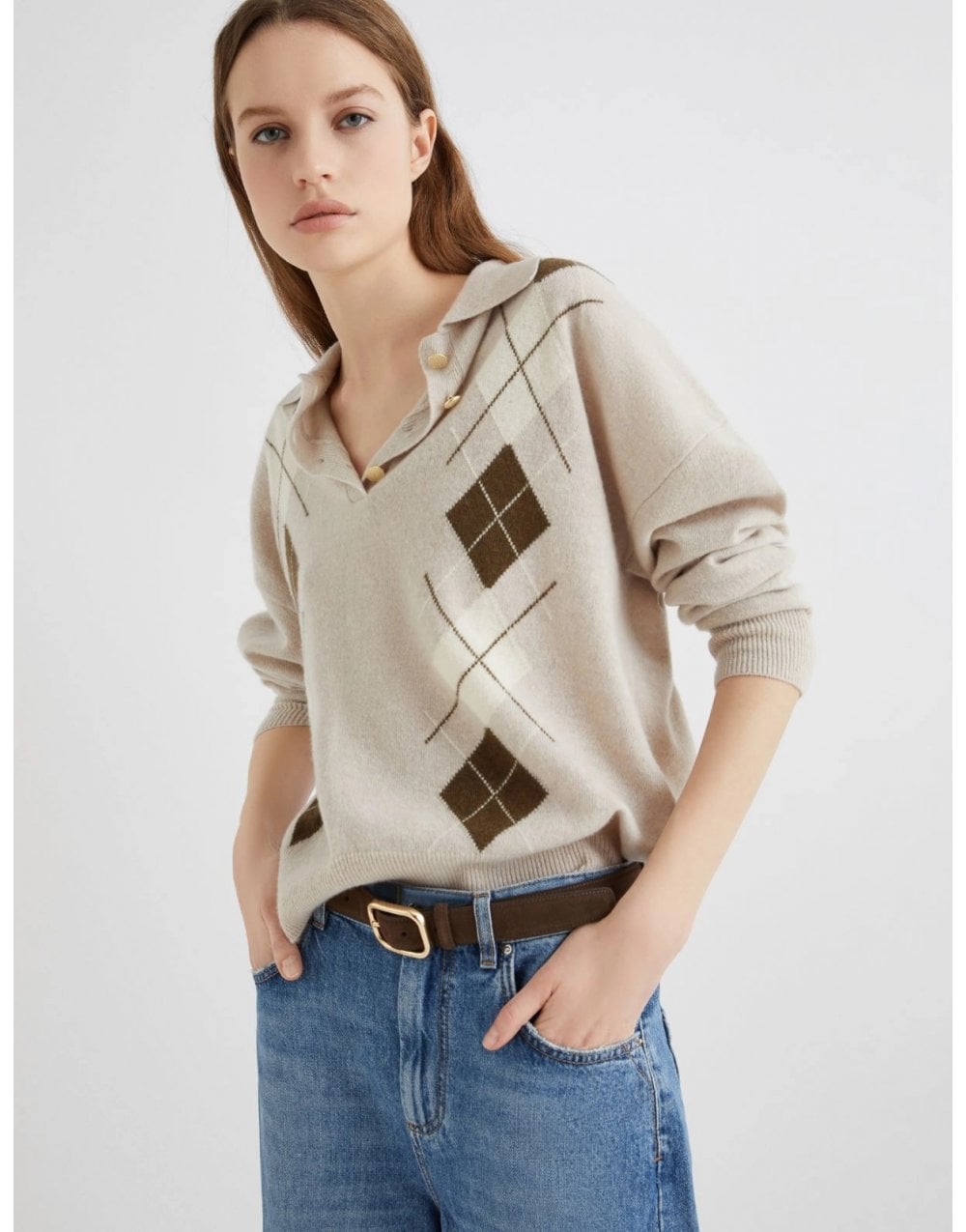 Young Ideas/Henmores - Caviale Wool Cashmere Argyle Polo Knit - 006 Natural - XS