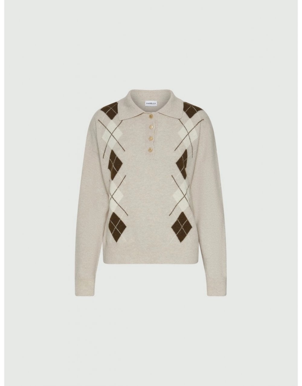 Young Ideas/Henmores - Caviale Wool Cashmere Argyle Polo Knit - 006 Natural - XS