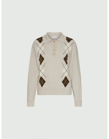Young Ideas/Henmores - Caviale Wool Cashmere Argyle Polo Knit - 006 Natural - XS