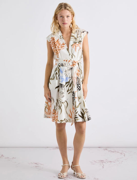 Young Ideas/Henmores - Filo Poplin Cap Sleeve Sea Print Dress - Optical White - 8