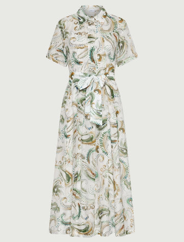 Young Ideas/Henmores - Galli Voile Silk Mix Tie Waist Midi Dress - 001 White Green - 8
