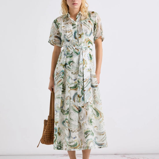 Young Ideas/Henmores - Galli Voile Silk Mix Tie Waist Midi Dress - 001 White Green - 8