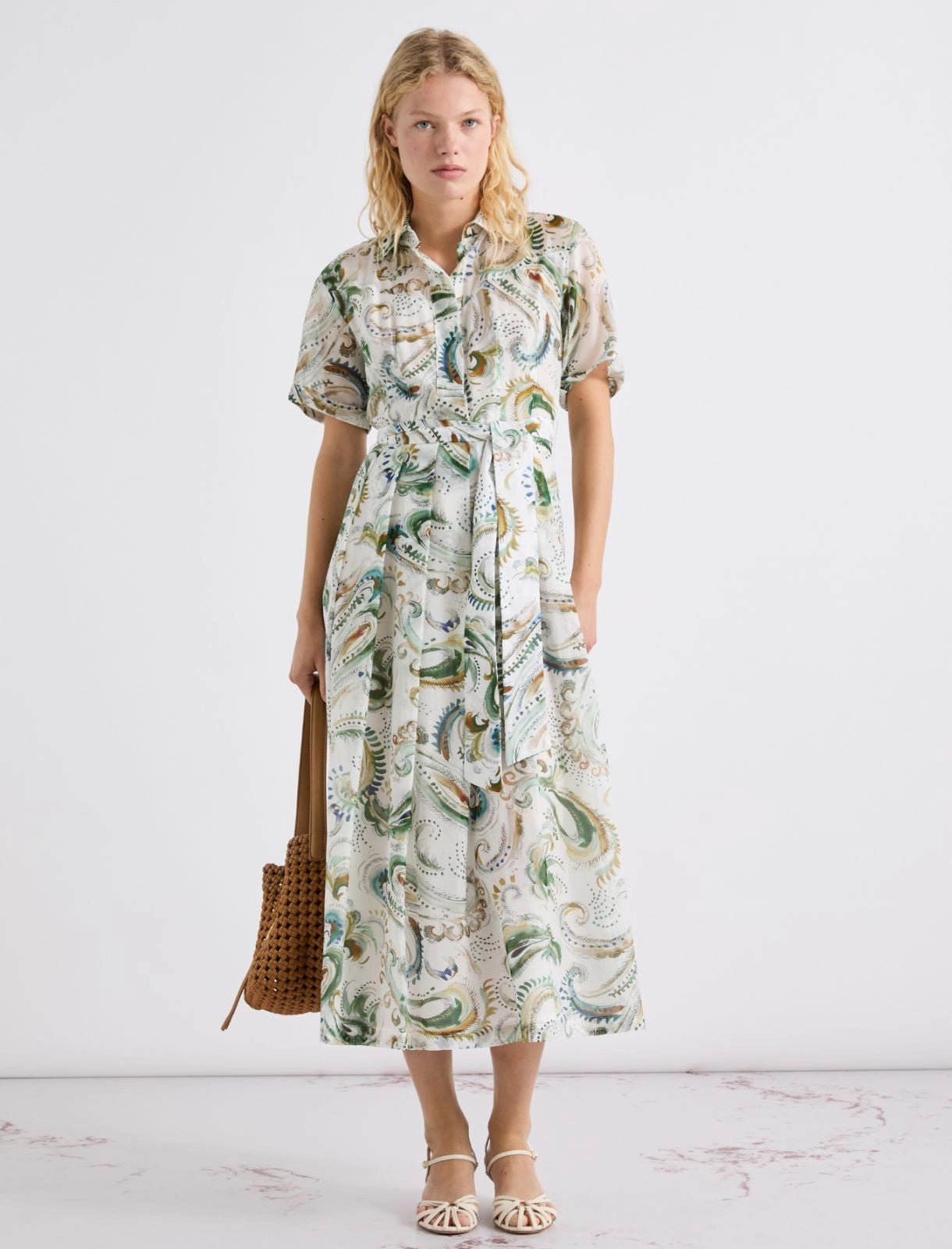 Young Ideas/Henmores - Galli Voile Silk Mix Tie Waist Midi Dress - 001 White Green - 8