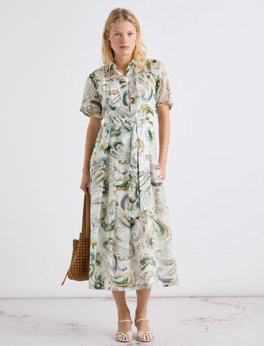Young Ideas/Henmores - Galli Voile Silk Mix Tie Waist Midi Dress - 001 White Green - 8