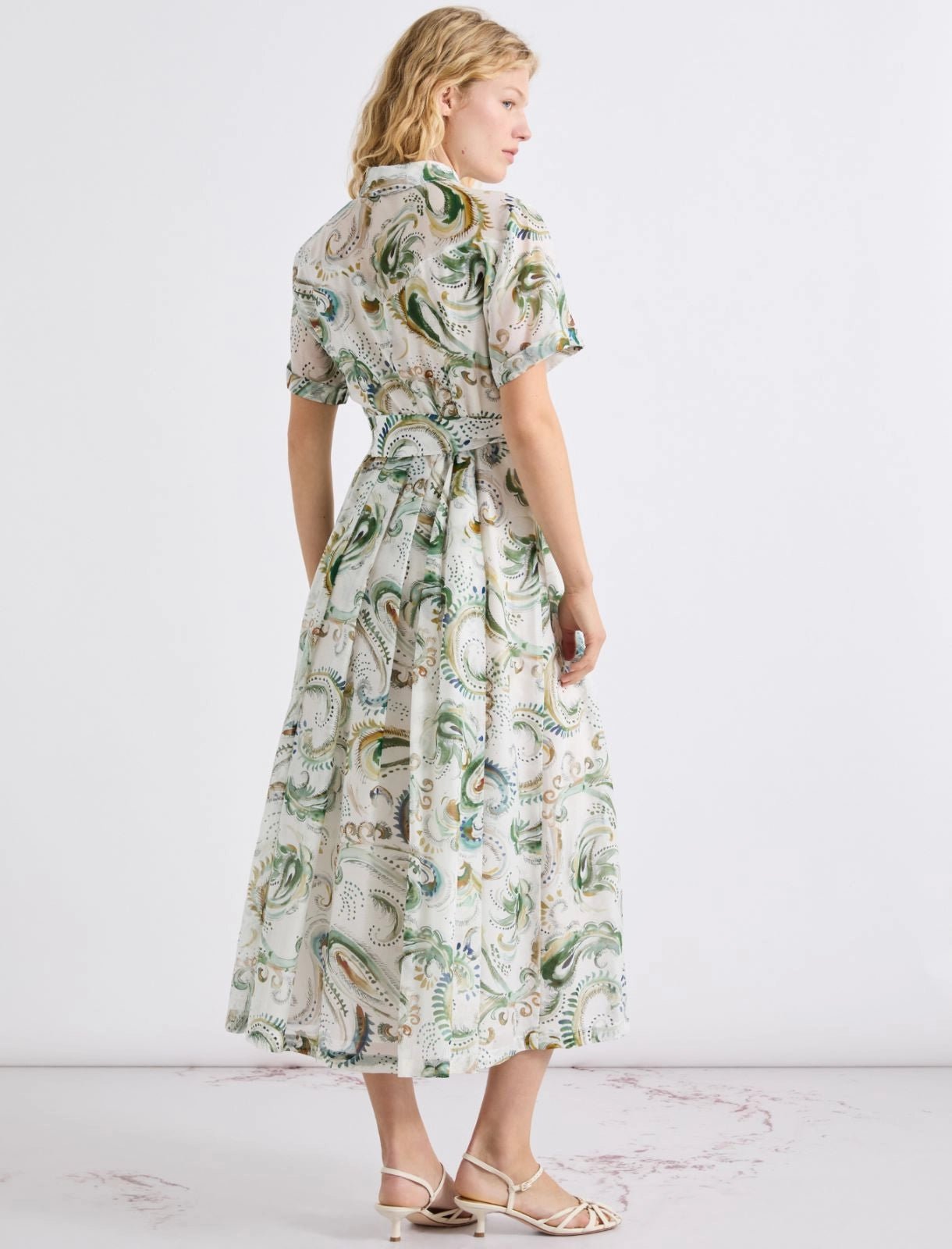 Young Ideas/Henmores - Galli Voile Silk Mix Tie Waist Midi Dress - 001 White Green - 8