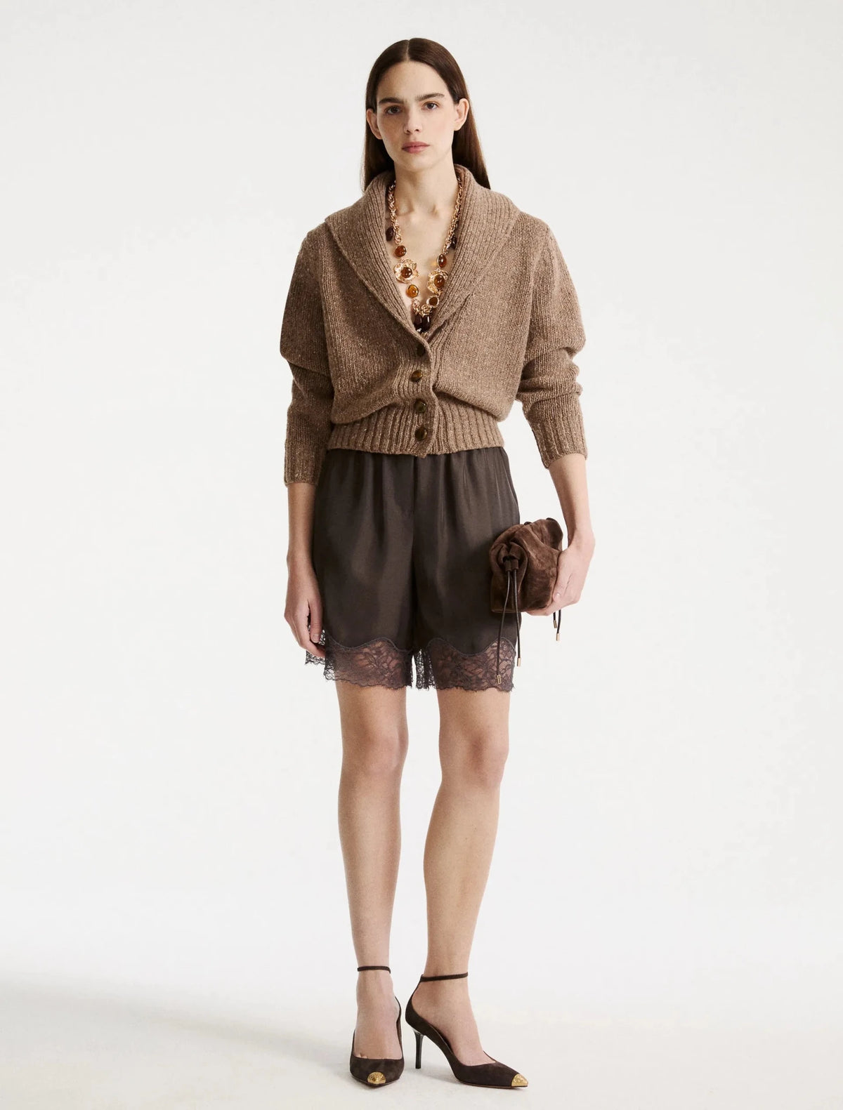 Young Ideas & Henmores -Geode Low V Buttoned Cardigan -001 Hazelnut Brown -XS