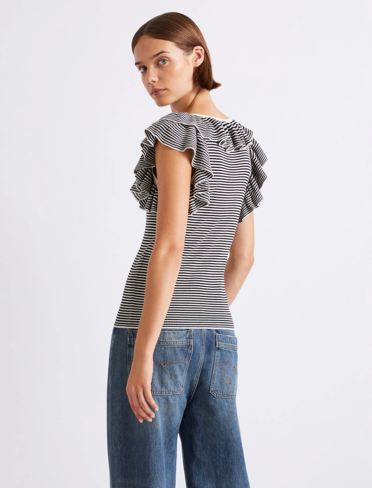 Young Ideas/Henmores - Matassa Knitted Frill Sleeveless Top - 003 Cream Stripe - XS