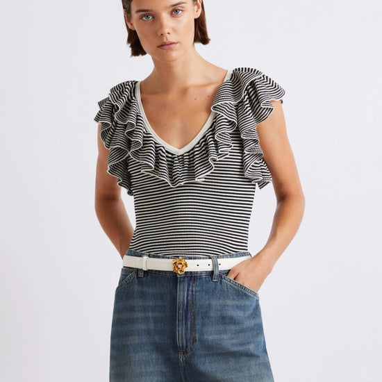 Young Ideas/Henmores - Matassa Knitted Frill Sleeveless Top - 003 Cream Stripe - XS
