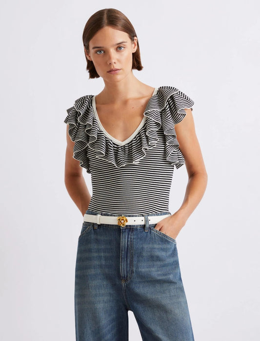 Young Ideas/Henmores - Matassa Knitted Frill Sleeveless Top - 003 Cream Stripe - XS