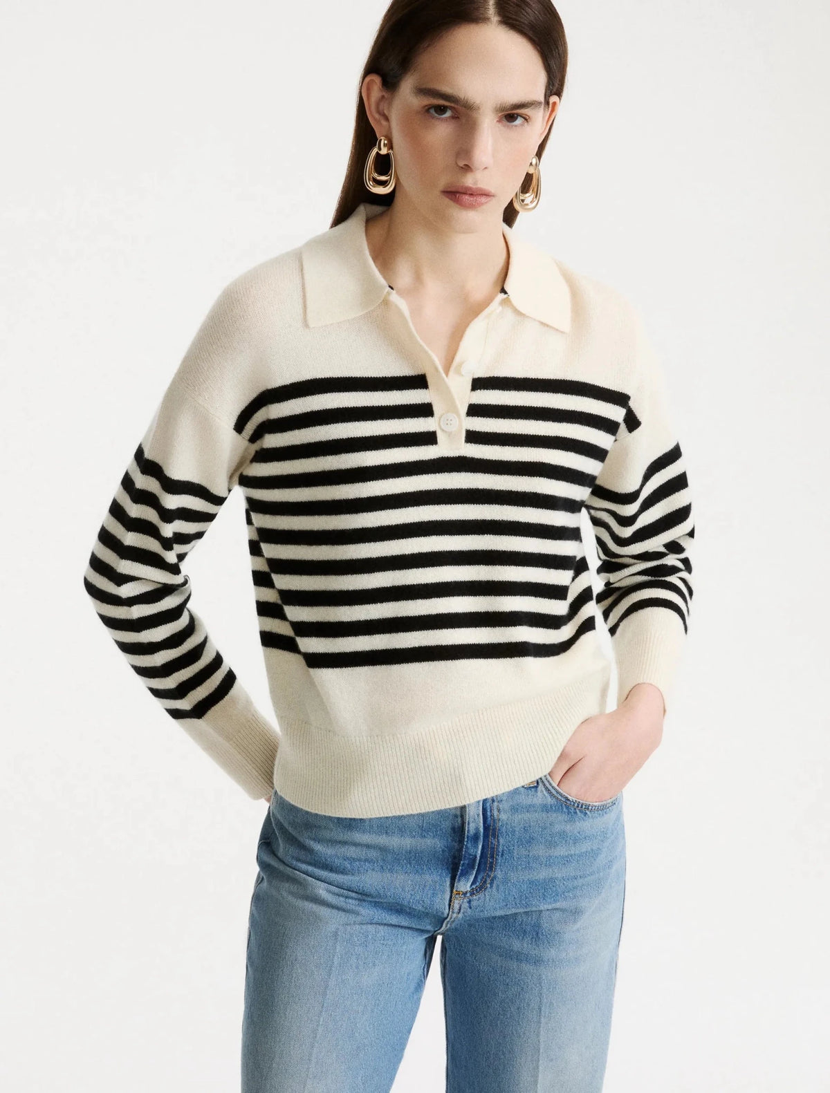 Young Ideas & Henmores -Orma Striped Knitted Polo -011 Cream -XS