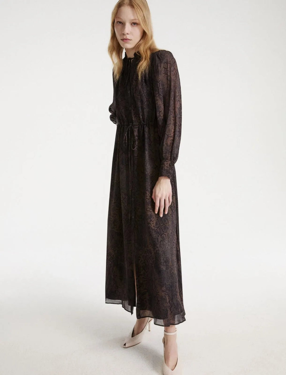 Young Ideas & Henmores -Potente Python Tie Waist Midi Dress -003 Brown -8