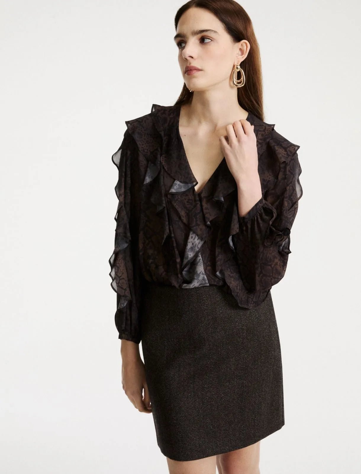 Young Ideas & Henmores -Sufo Python Frilled Blouse -003 Brown -8