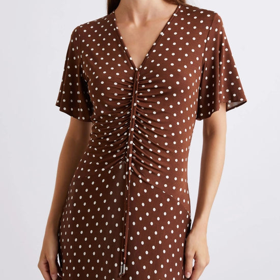 Young Ideas/Henmores - Teca Ruched Polka Dot Jersey Dress - 011 Brown Spotted  - S