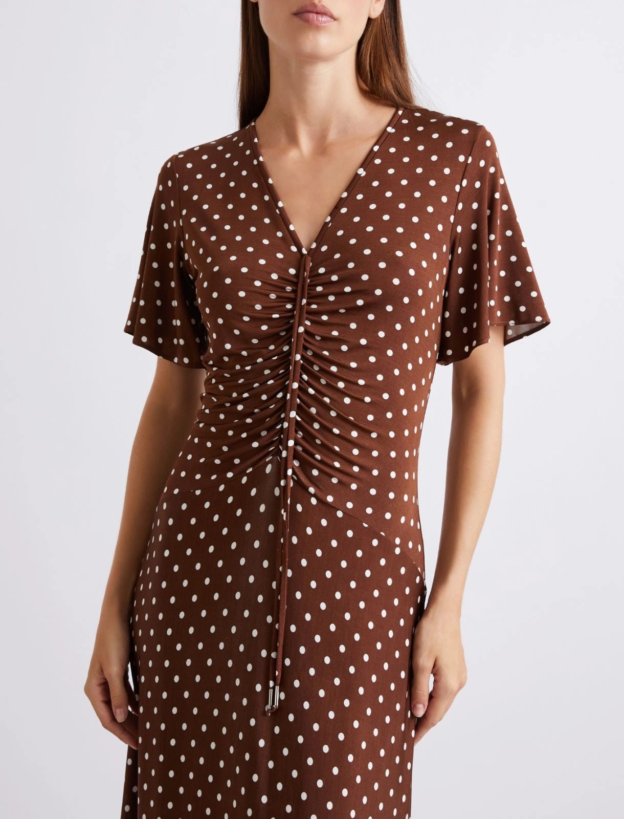 Young Ideas/Henmores - Teca Ruched Polka Dot Jersey Dress - 011 Brown Spotted  - S