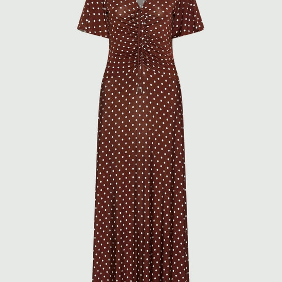 Young Ideas/Henmores - Teca Ruched Polka Dot Jersey Dress - 011 Brown Spotted  - S