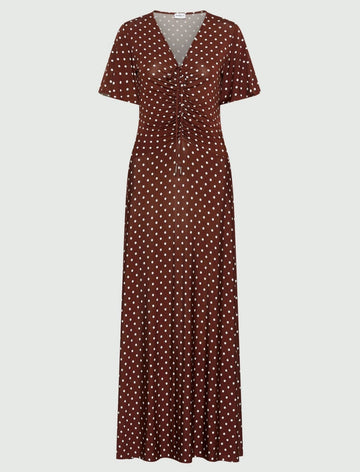 Young Ideas/Henmores - Teca Ruched Polka Dot Jersey Dress - 011 Brown Spotted  - S