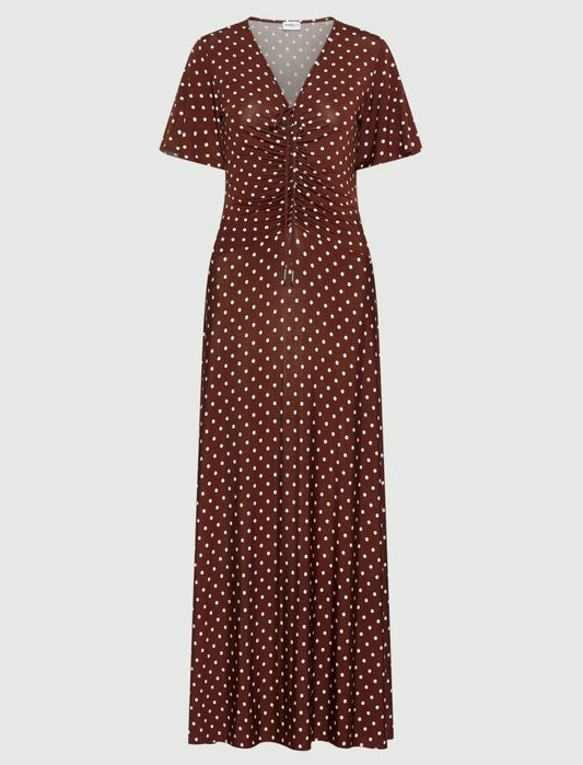 Young Ideas/Henmores - Teca Ruched Polka Dot Jersey Dress - 011 Brown Spotted  - S