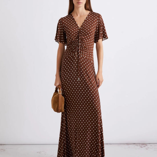 Young Ideas/Henmores - Teca Ruched Polka Dot Jersey Dress - 011 Brown Spotted  - S