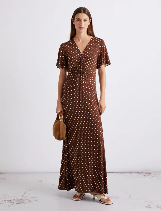 Young Ideas/Henmores - Teca Ruched Polka Dot Jersey Dress - 011 Brown Spotted  - S