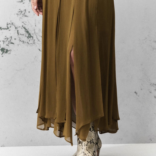 Young Ideas & Henmores -Zattera Crepe Soft Pleat Midi Skirt -004 Oil Green -8