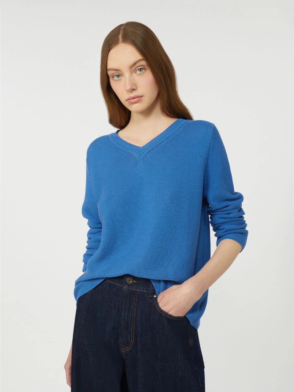 Young Ideas/Henmores - Ago V Neck Cotton Jumper - 007 Cornflower Blue - S