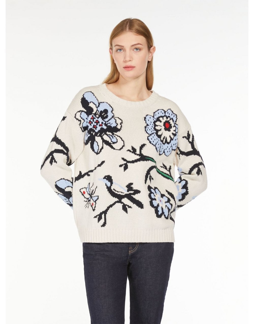 Young Ideas/Henmores - Dolmen Floral Embroidered Crew Neck Jumper - 001 Light Blue - XS