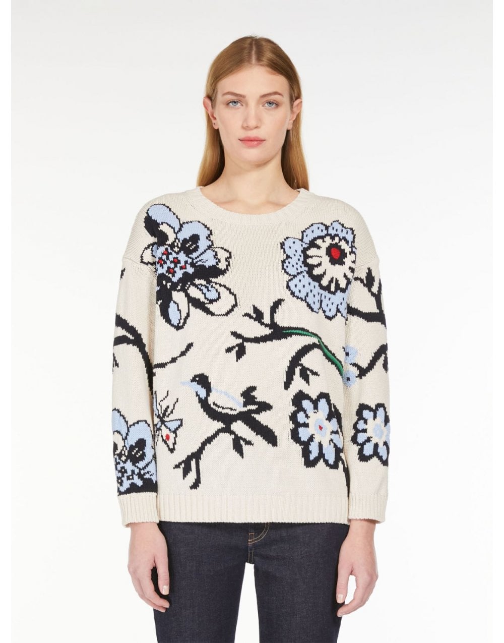 Young Ideas/Henmores - Dolmen Floral Embroidered Crew Neck Jumper - 001 Light Blue - XS