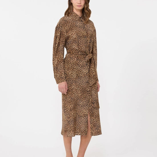 Young Ideas/Henmores - Dolmen Leopard Silk Tie Waist Midi Dress - 003 Leopard - 10