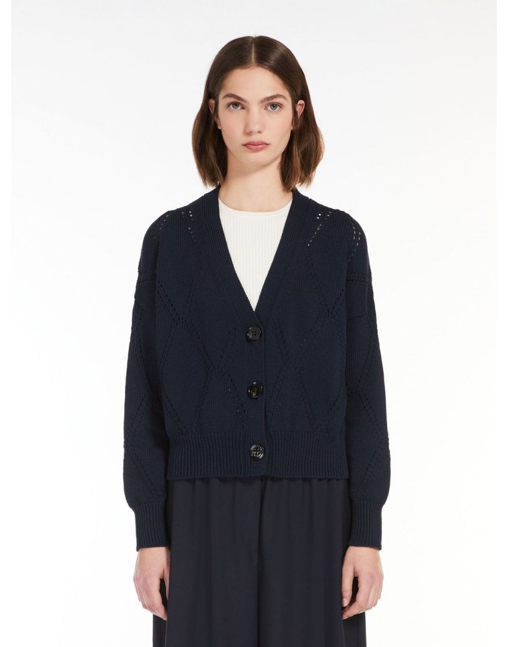 Young Ideas/Henmores - Dovere Diamond Openwork Stitch Cardigan - 001 Navy - XS