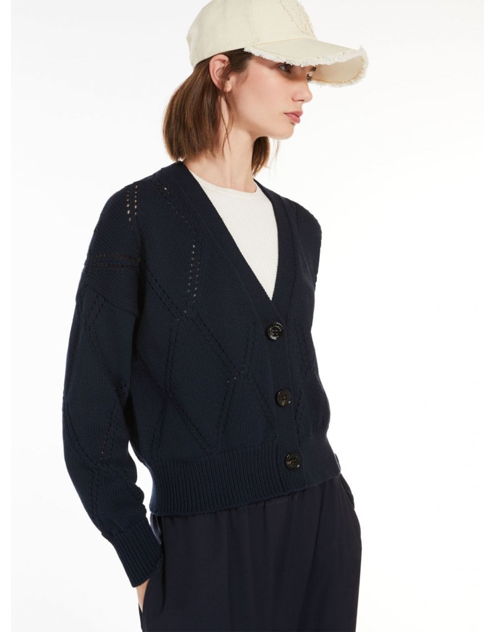 Young Ideas/Henmores - Dovere Diamond Openwork Stitch Cardigan - 001 Navy - XS