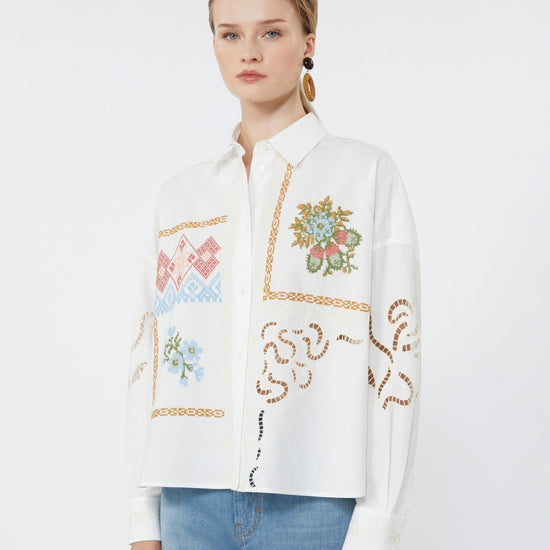 Young Ideas & Henmores - Fonte Embroidered Cross Stitch Shirt - 001 White - 6